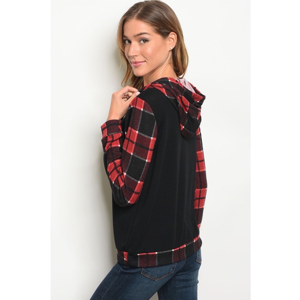 Red and black plaid hooded top - Picture 3 of 3